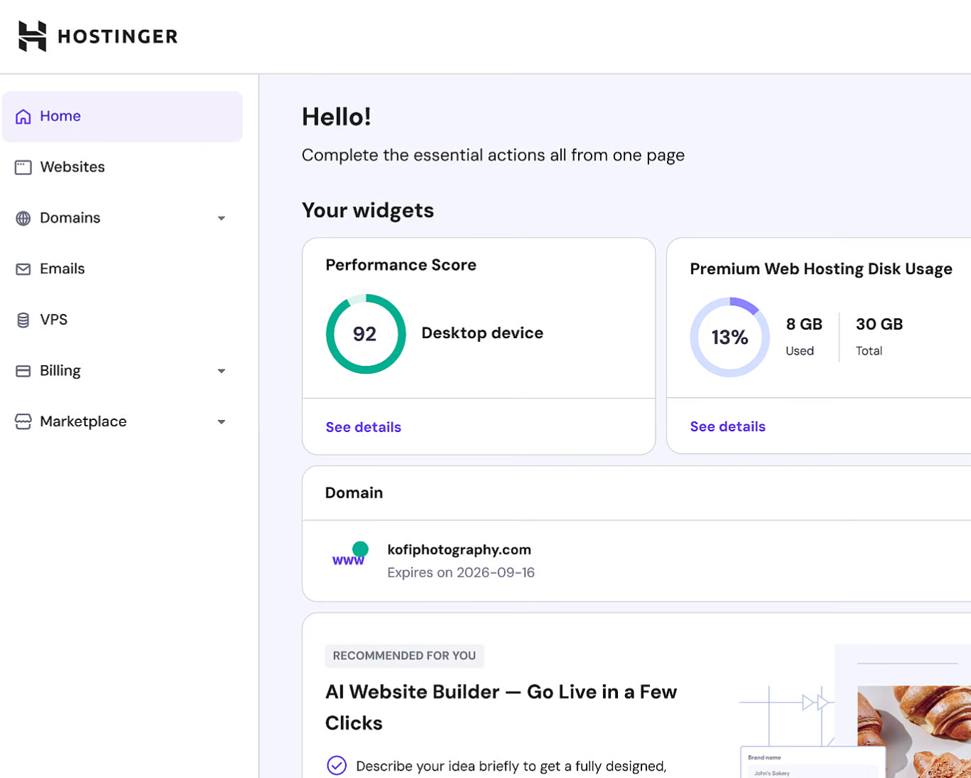 Hostinger vs Squarespace: Hostinger Dashboard